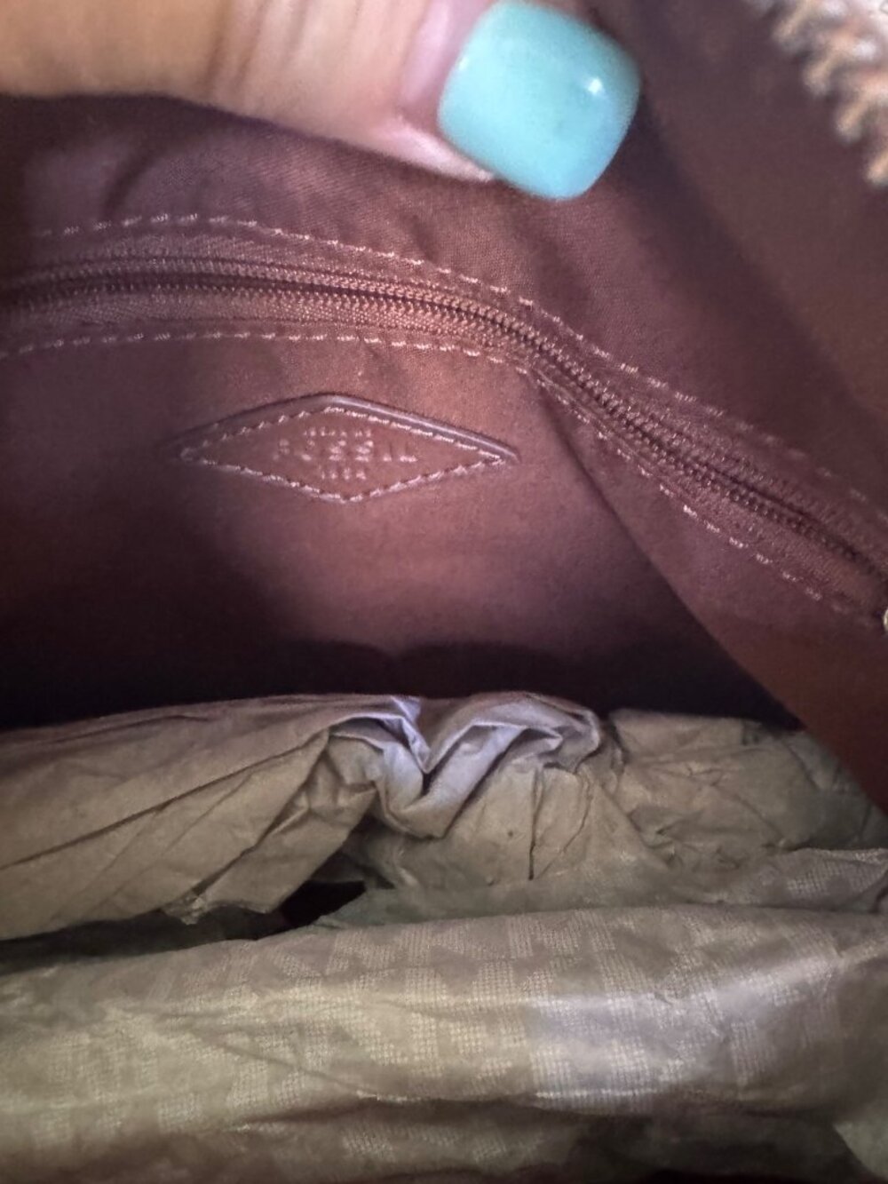Fossil Genuine Leather Crossbody Bag Cognac Brown Zip Top Shoulder Purse - Picture 7 of 7